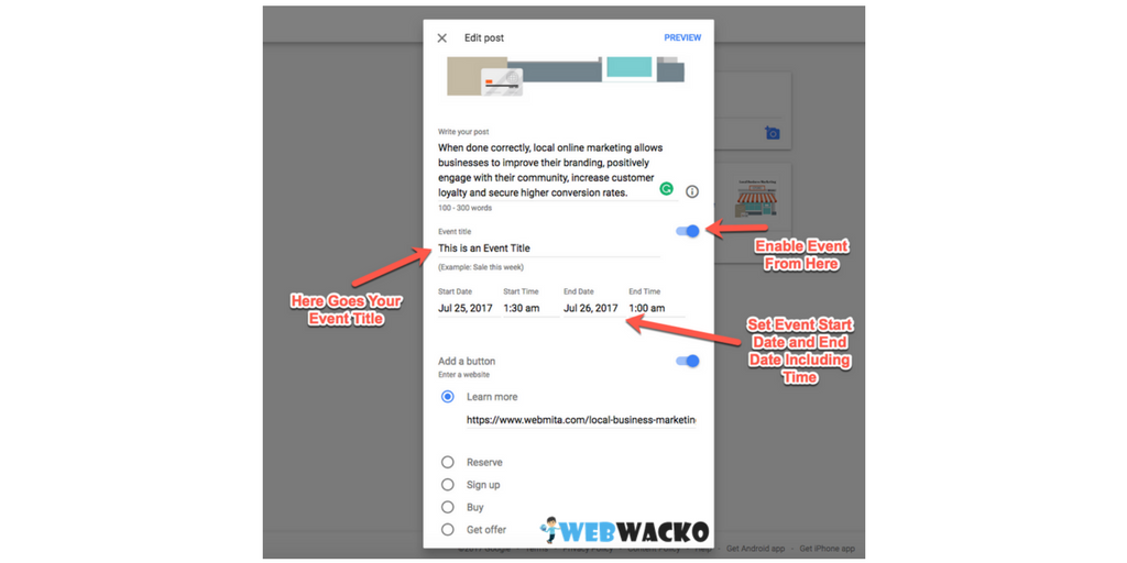 Setting Events on Google Post My Business Page